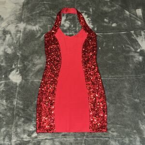 Guess Bodycon Dress Women's Small Red Sequin Halter Neck Cocktail Showgirl Glam